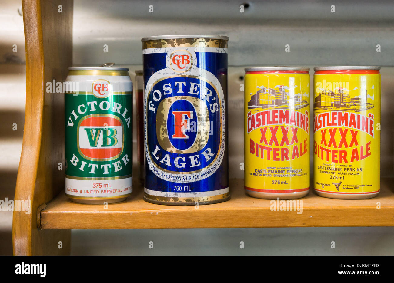 Old Australian Beer cans on a shelf Stock Photo