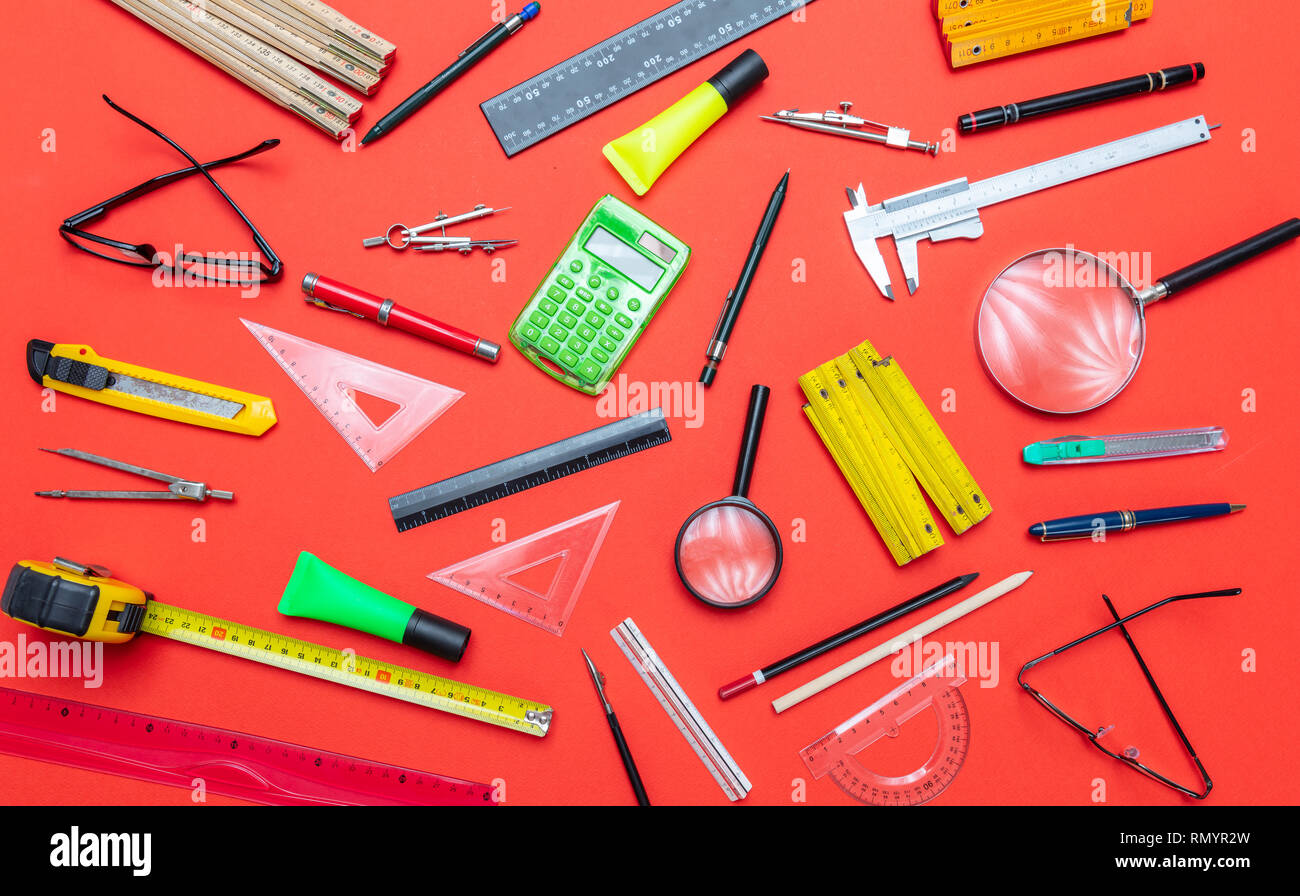 Architect engineer equipment, construction site office desk. Project blueprints and engineering