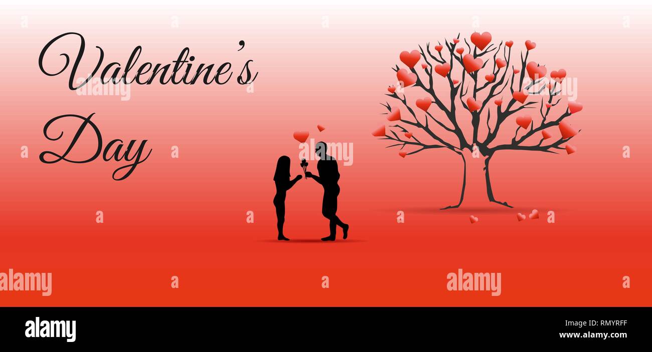 Valentines day vector illustration background with silhouette and tree ...