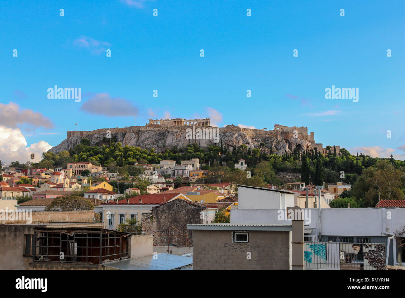 Panorama of the Acropolis of Athens from a rooftop near Monastiraki