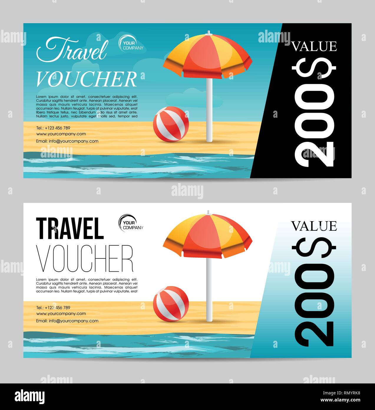 Summer travel voucher with beach umbrella and sea Stock Vector Image