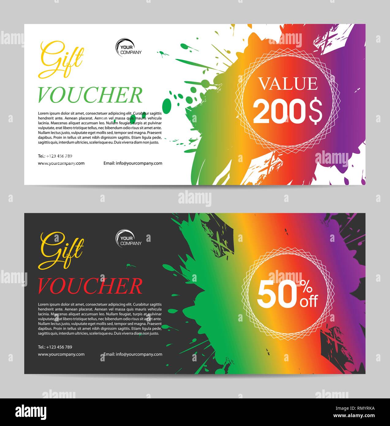 two gift voucher vector template with colorful splash stock