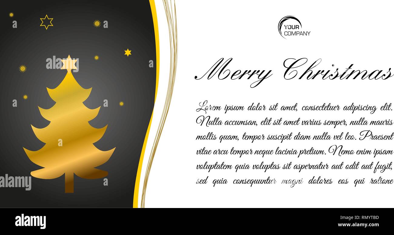 Merry christmas flat vector card with gold tree on black background and ...