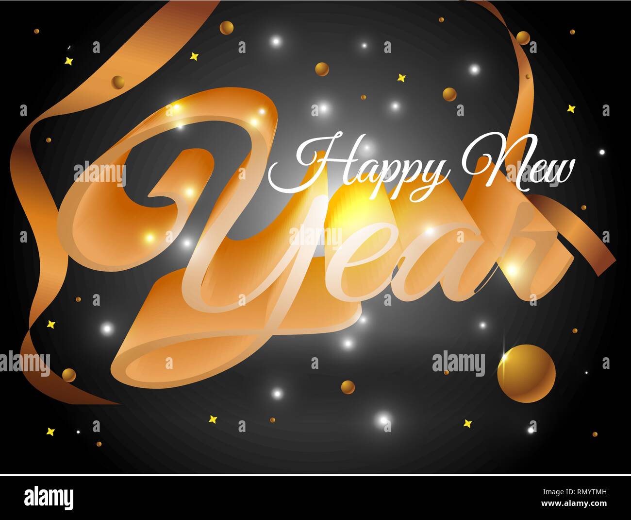 Happy new year colorful 3D text vector template with ball and confetti ...