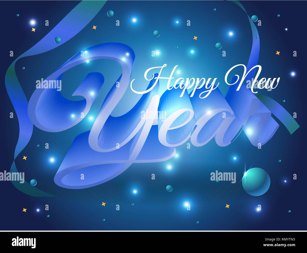 Happy new year colorful 3D text vector template with ball and confetti ...