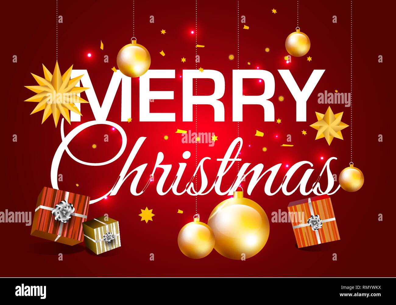 Vector Merry Christmas illustration with gold ball on red background ...