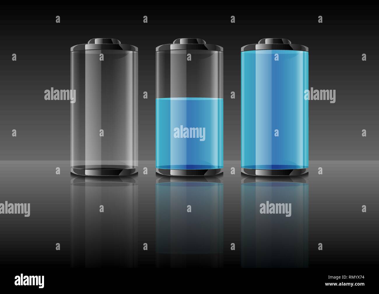 Blue battery vector illustration on gradient grey background Stock Vector