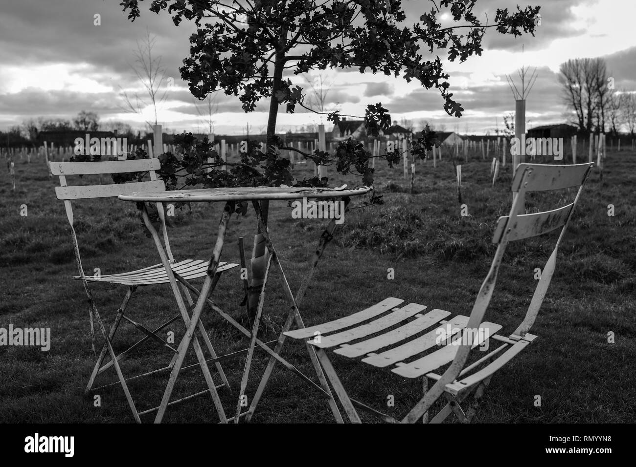 Two garden chairs and rusting table in garden, shot in black and white Stock Photo
