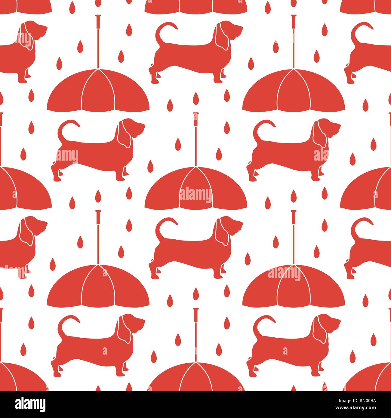 Seamless pattern with rain and dog under an umbrella. Friendship