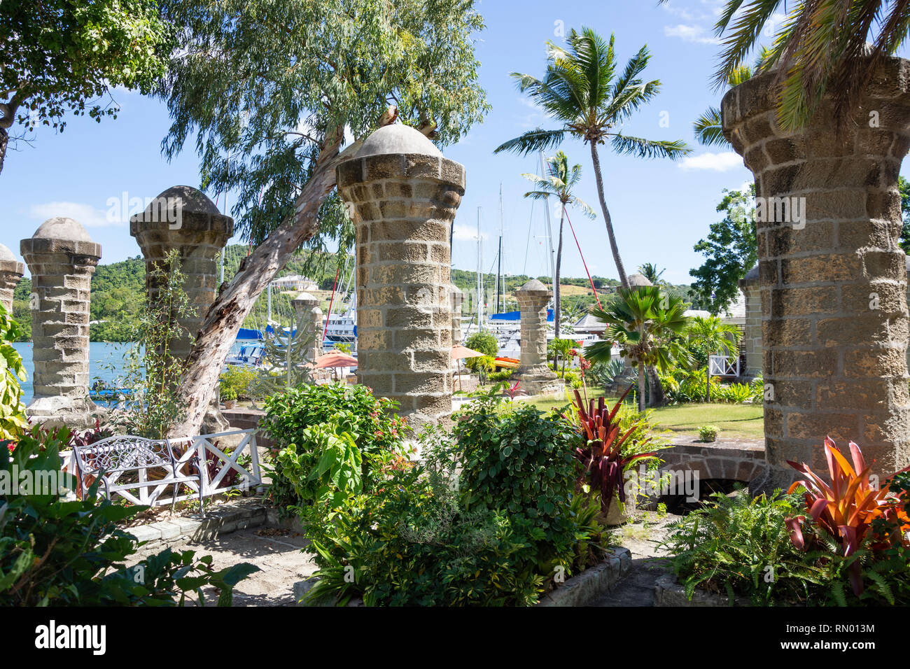 Pillars of former Boat House, Nelson's Dockyard National Park, Saint Paul Parish, Antigua, Antigua and Barbuda, Lesser Antilles, Caribbean Stock Photo