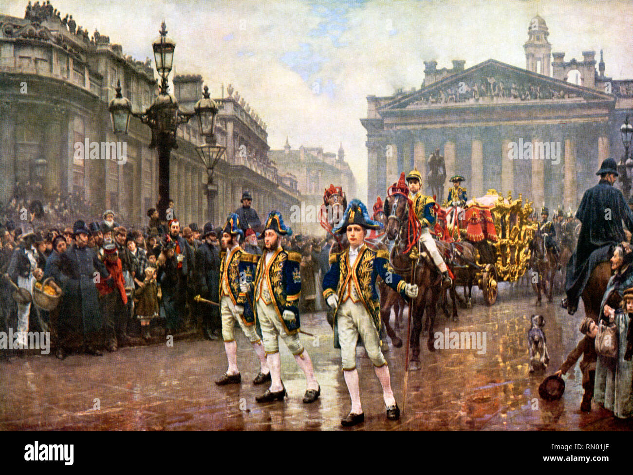 The Ninth of November, 1888. By William Logsdail (1859-1944). The Lord Mayor's Show, 9th November 1888. Logsdail's painting depicts Sir James Whitehead's procession of 1888 moving westwards from the Mansion House. Also visible are The Royal Exchange and Bank of England. Stock Photo
