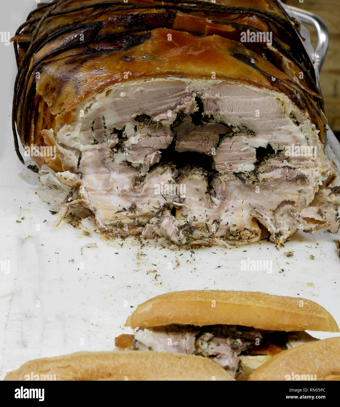roast pork ideal for tasty sandwiches for sale in the street food kiosk