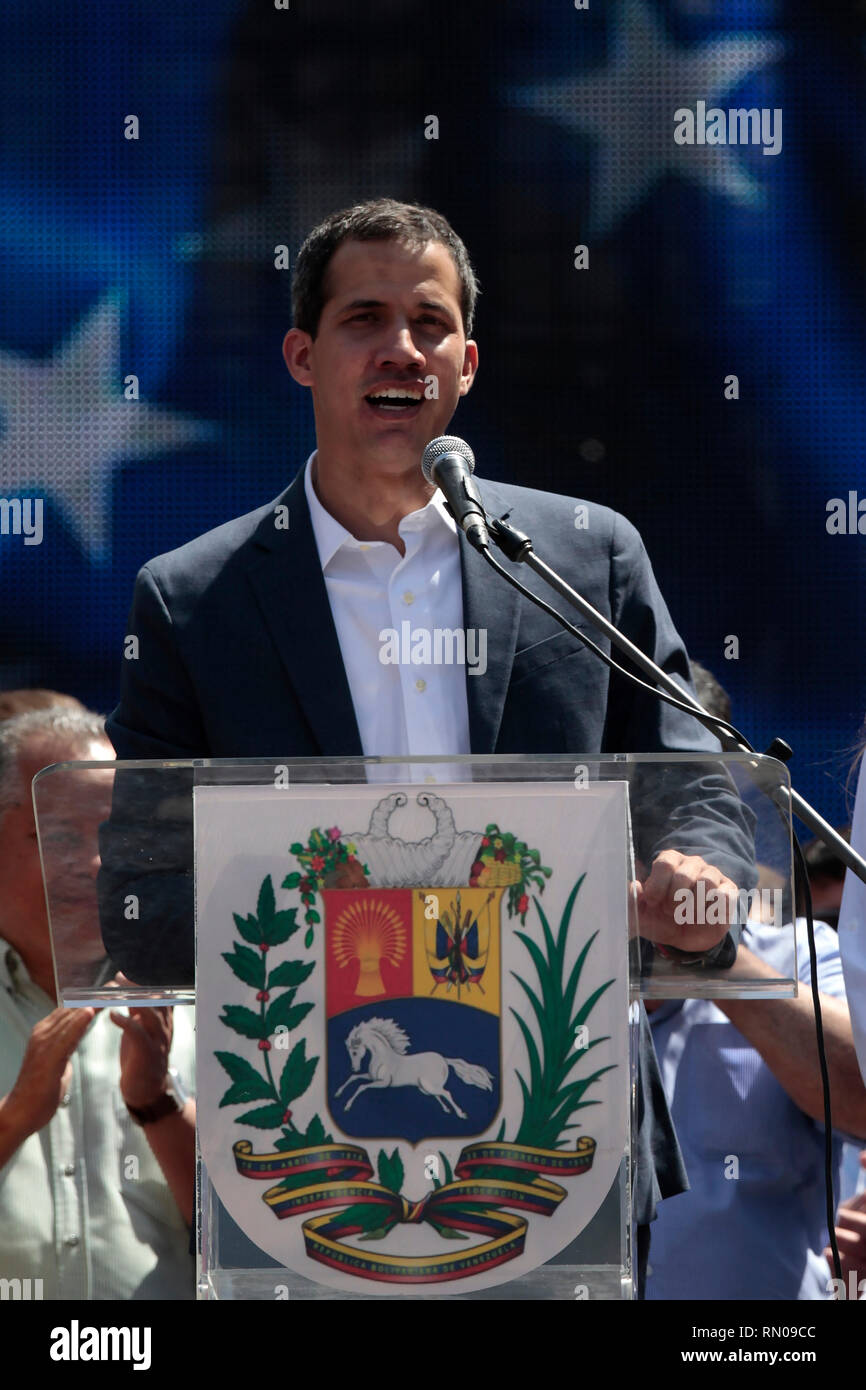Caracas, Venezuela. 02nd Feb, 2019. Juan Guaidó, leader of the opposition, speaks to his supporters during a rally. More than a hundred thousand Venez Stock Photo