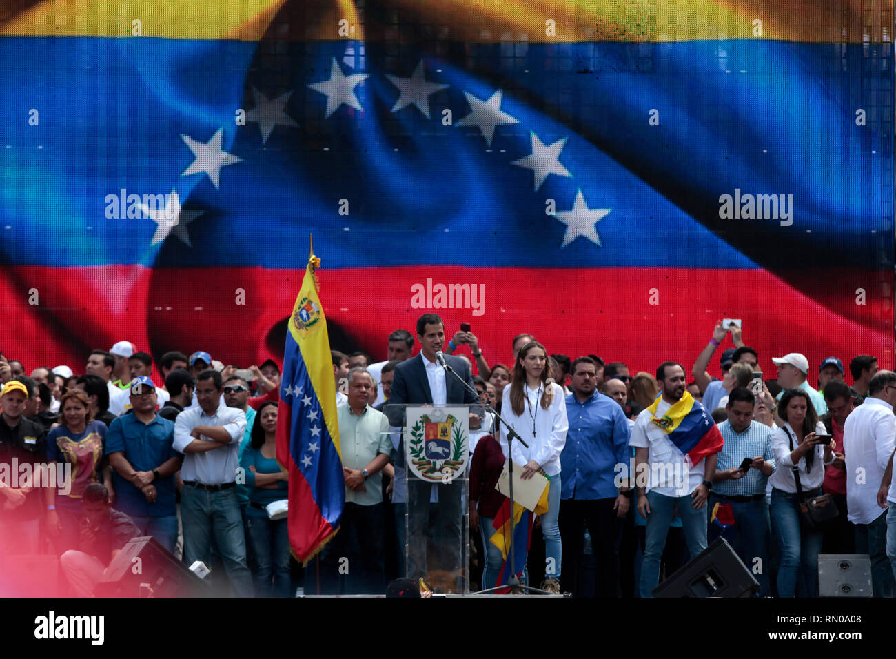 Caracas, Venezuela. 02nd Feb, 2019. Juan Guaidó, leader of the opposition, speaks to his supporters during a rally. More than a hundred thousand Venez Stock Photo