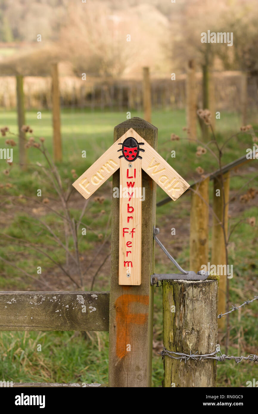 Farm walk sign at the Rhug Estate in Corwen North Wales the estate and