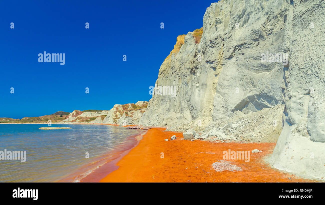 Xi Beach, Kefalonia Island, Greece. Beautiful view of Xi Beach, a beach with red sand in Cephalonia, Ionian Sea. Stock Photo
