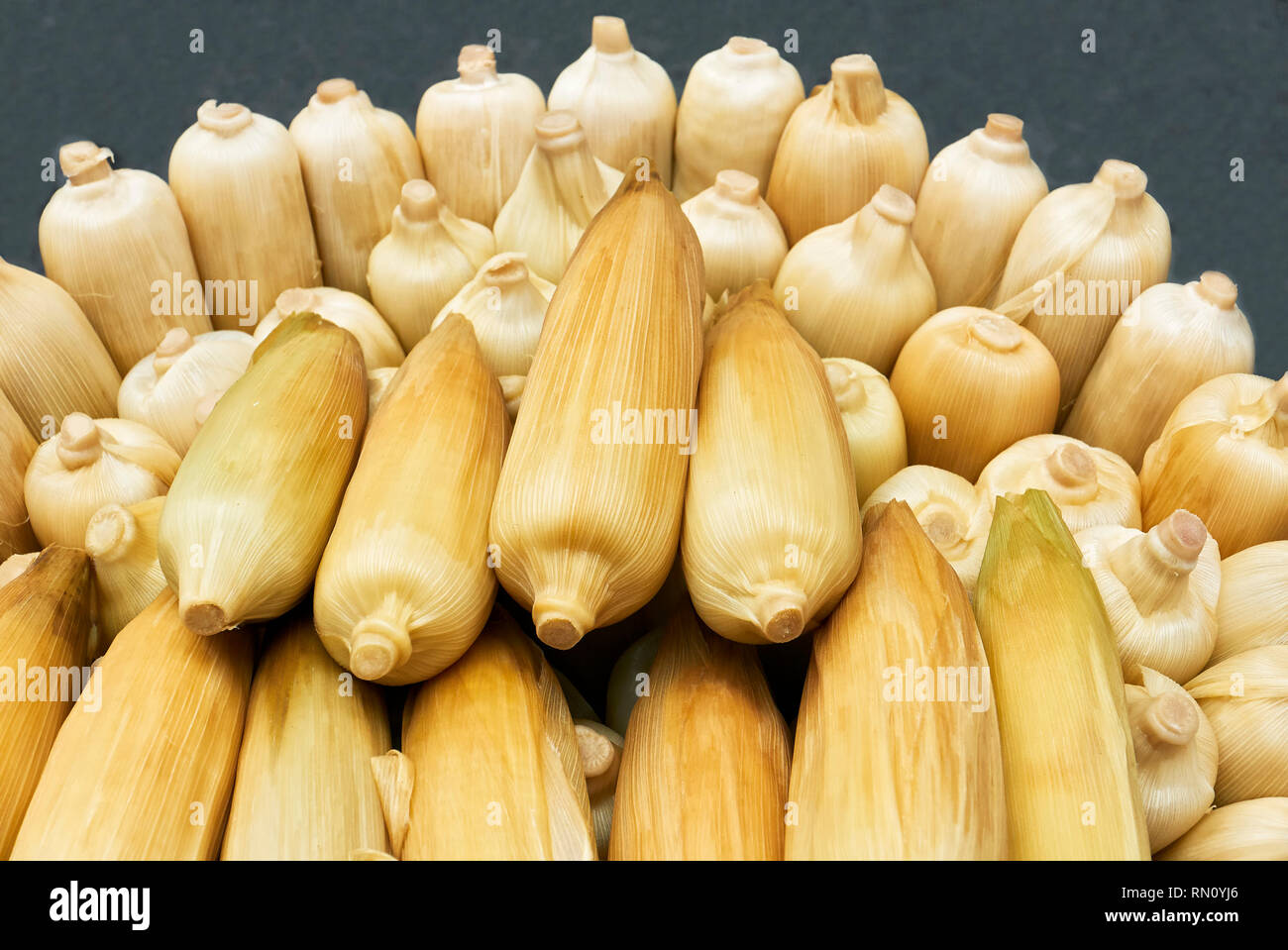 Close-up of steamed, not yet pealed yellow corn, for sale at a street vendor in Manila, Philippines Stock Photo