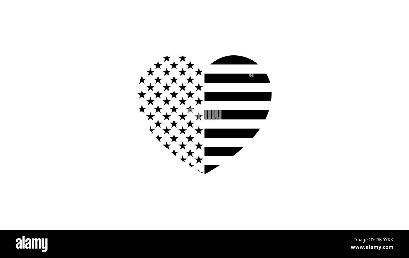 Stylish, black and white flag of the United States of America in the form of a heart. Vector template. Stock Vector