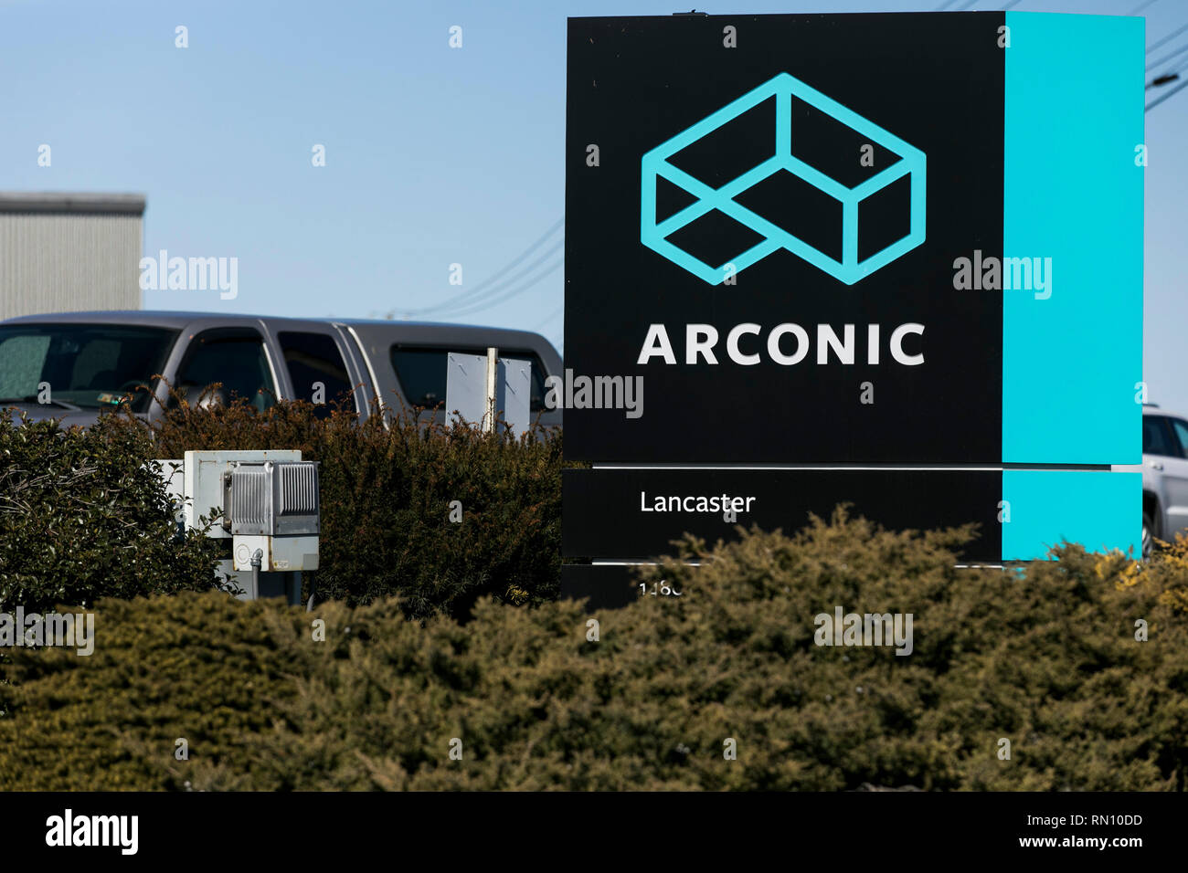 A logo sign outside of a facility occupied by Arconic in Lancaster