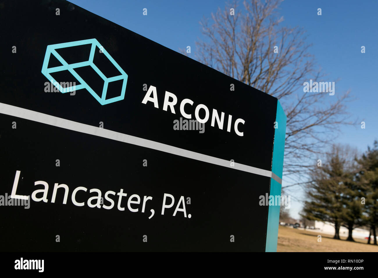 A logo sign outside of a facility occupied by Arconic in Lancaster