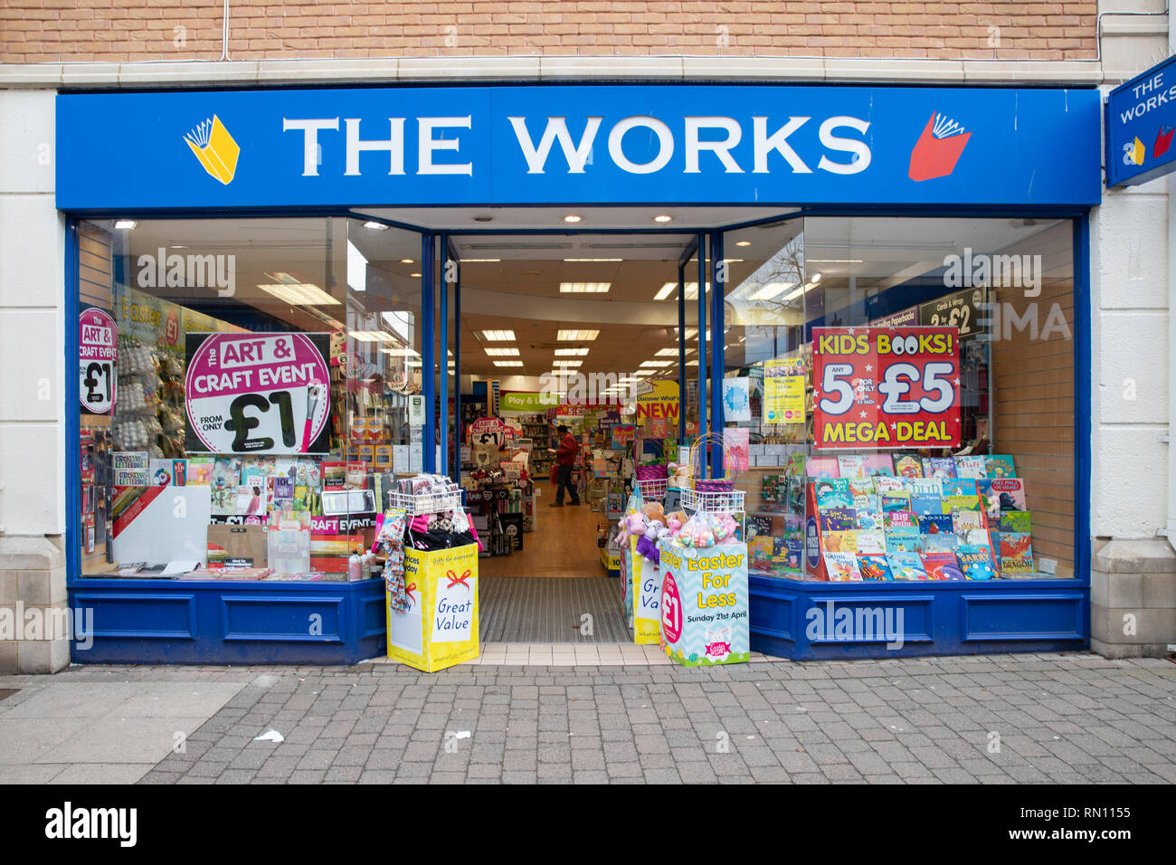 The Works, stationery shop in Merlin's Walk, Carmarthen, South Wales, Selling books, tyos, art and craft good for children and adults Stock Photo