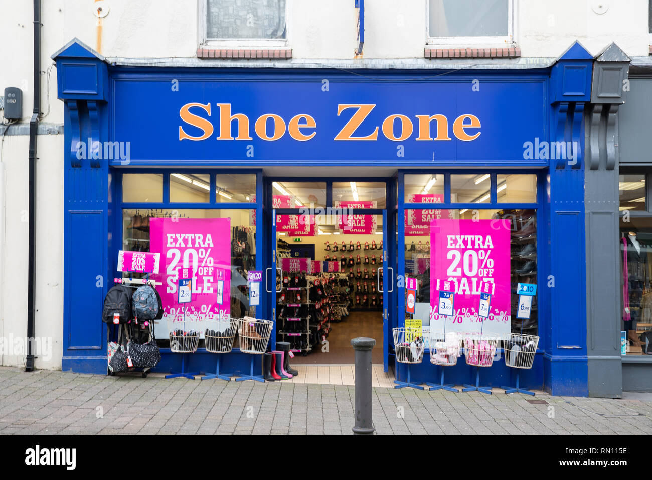 Shoe shop called Shoe Zone, in Lammas Street, Carmarthen, South Wales.  Big brand discount retailer found on High Streets across the United Kingdom Stock Photo