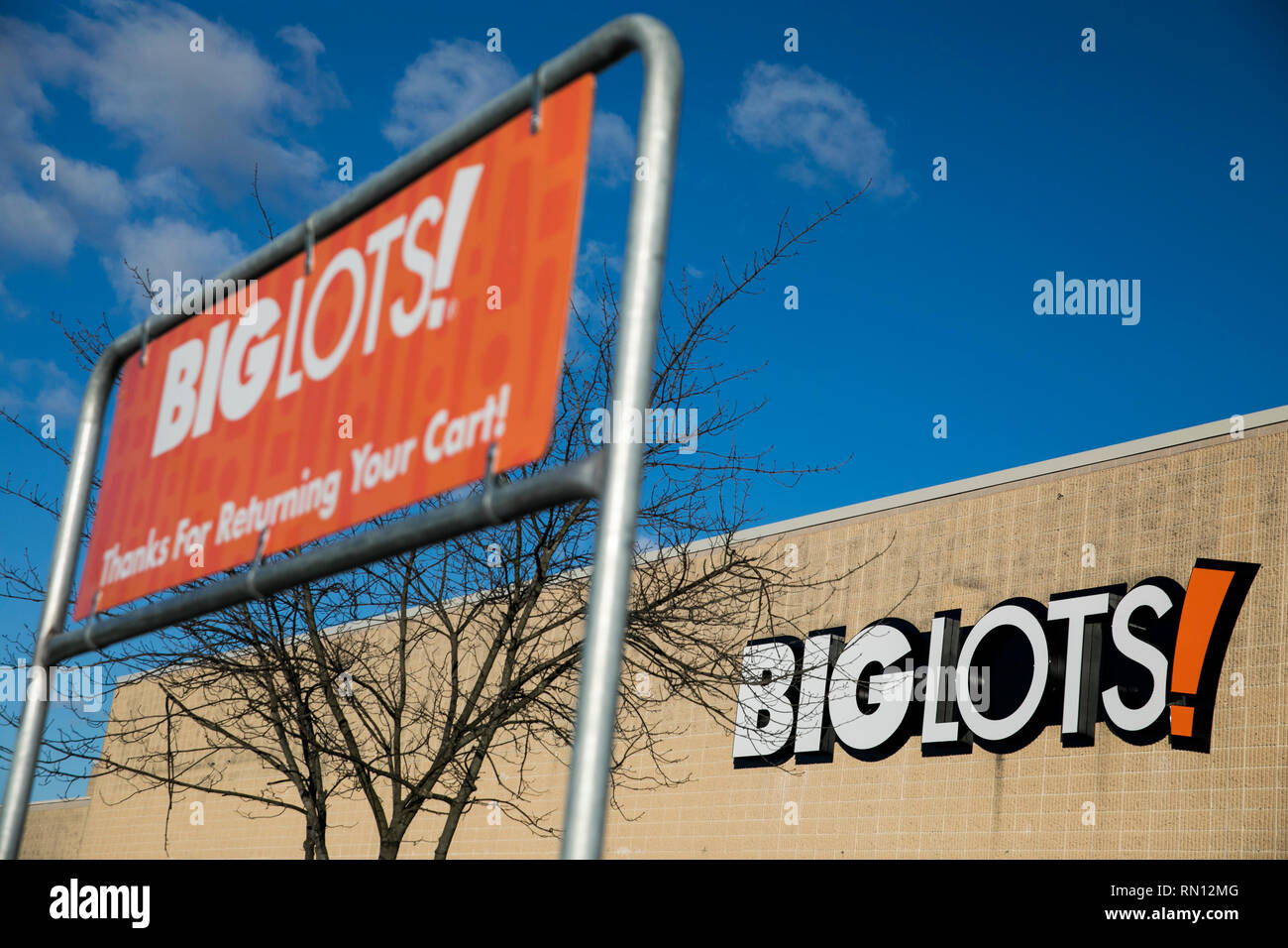 A logo sign outside of a Big Lots retail store location in Harrisburg, Pennsylvania on February 9, 2019. Stock Photo