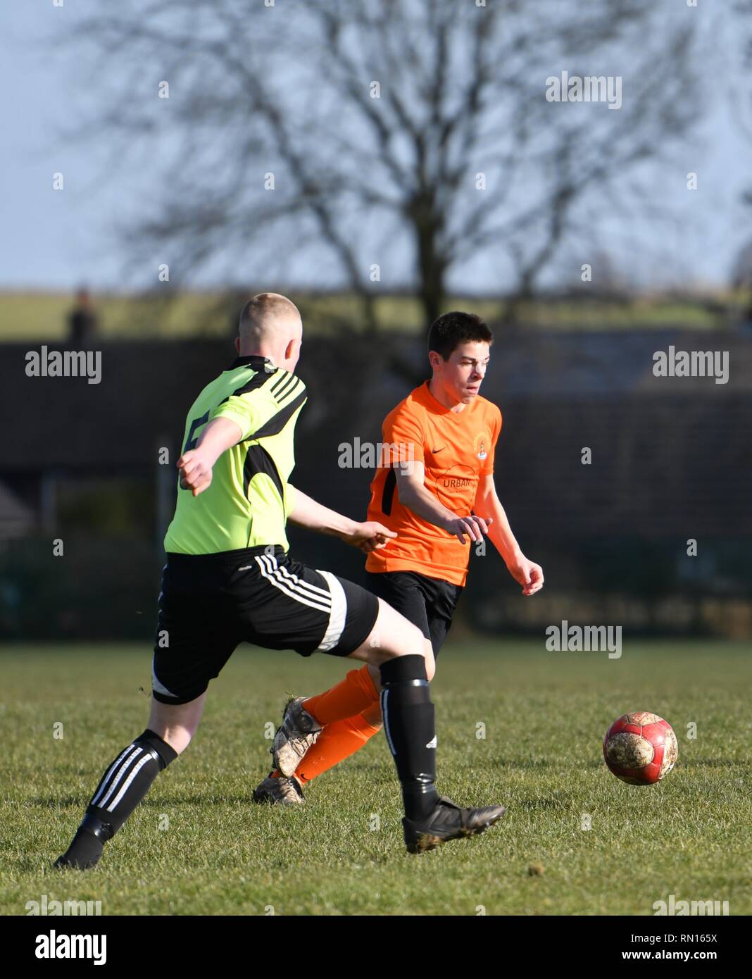 Football Action From An Amateur Match Between Faifield Fc And Hathersage Fc In The Hope Valley Amateur League Stock Photo Alamy