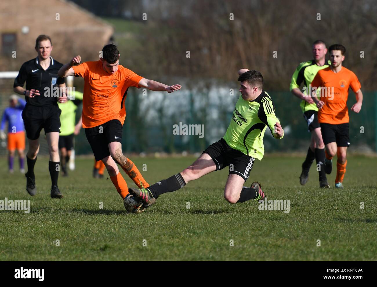 Football Action From An Amateur Match Between Faifield Fc And Hathersage Fc In The Hope Valley Amateur League Stock Photo Alamy