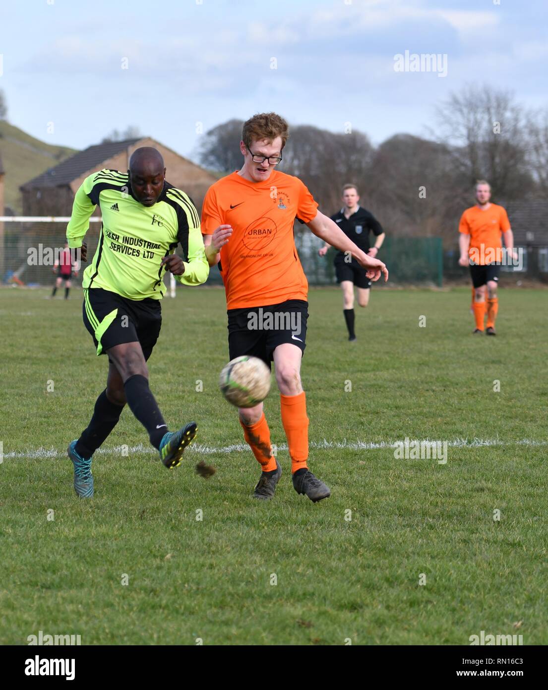 Football Action From An Amateur Match Between Faifield Fc And Hathersage Fc In The Hope Valley Amateur League Stock Photo Alamy