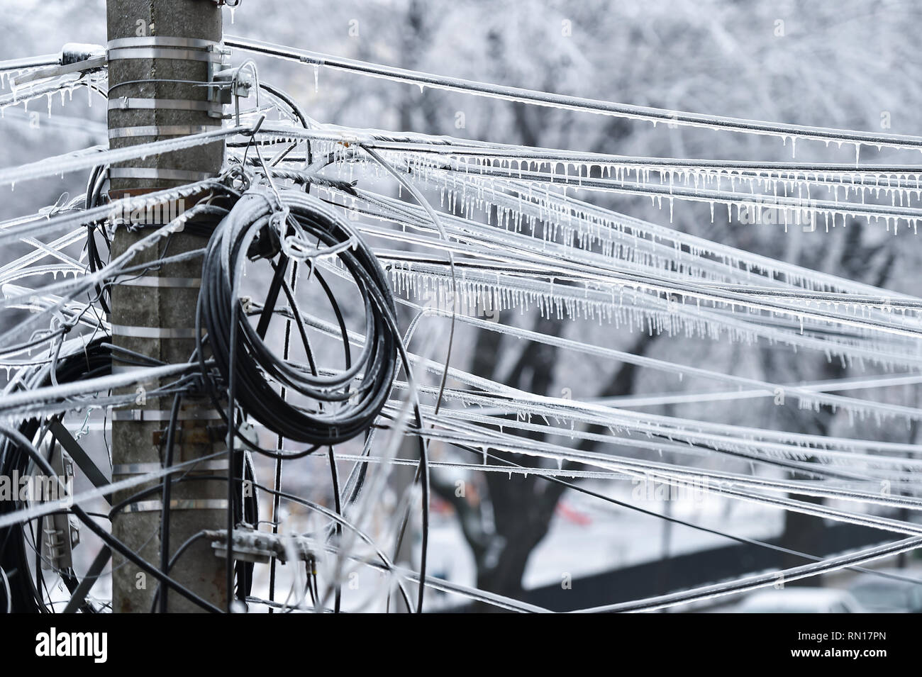Electricity cables covered in ice after frozen rain phenomenon Stock