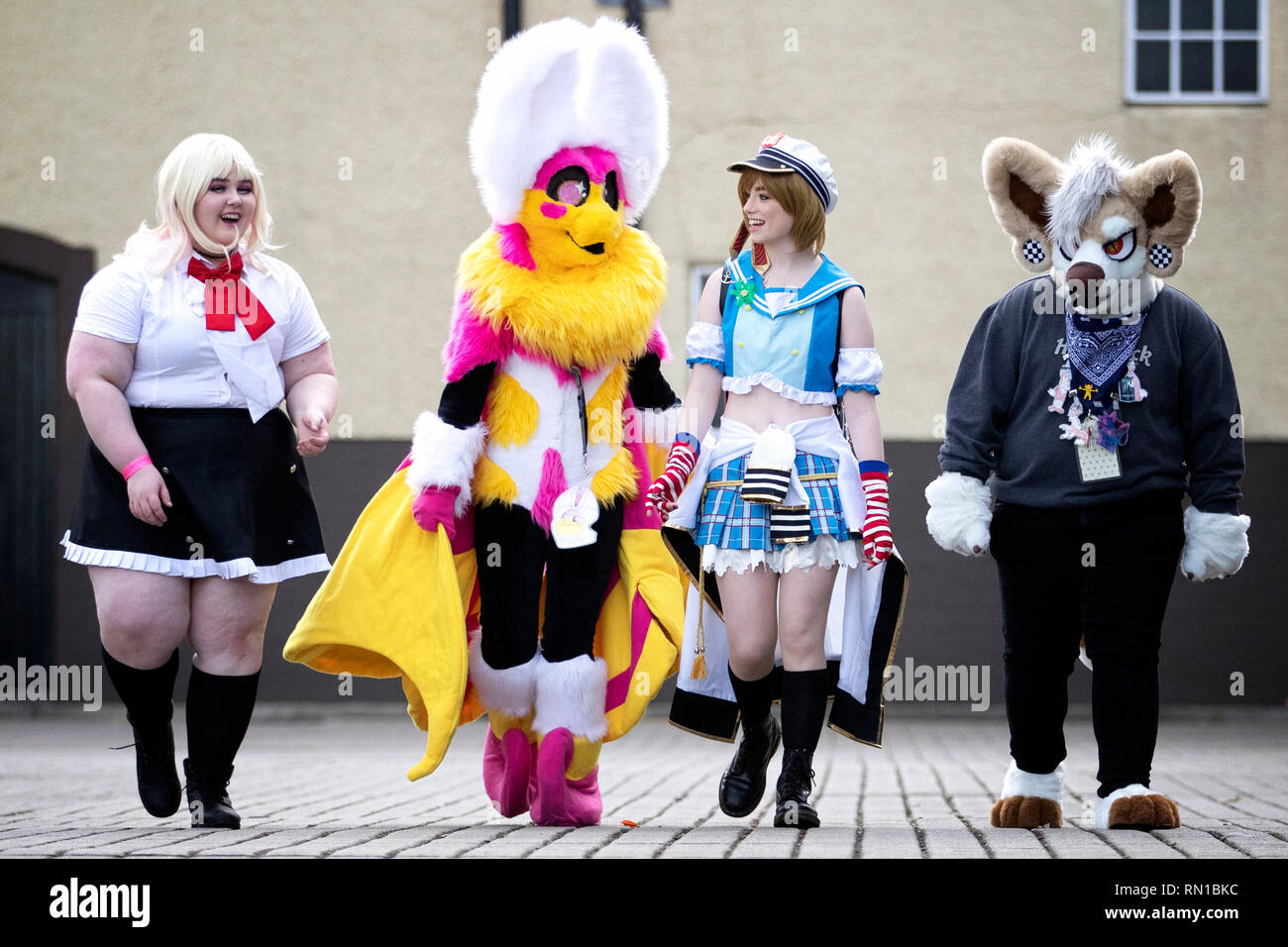 (Left to right) Madison Birrall, Penny Moth, Elise Forrest and Mitch Houston get into character as they arrive for the 2019 Capital Sci-Fi Con at the Corn Exchange in Edinburgh. Proceeds from the event are donated to the CHAS (Children's Hospices Across Scotland) charity. Stock Photo