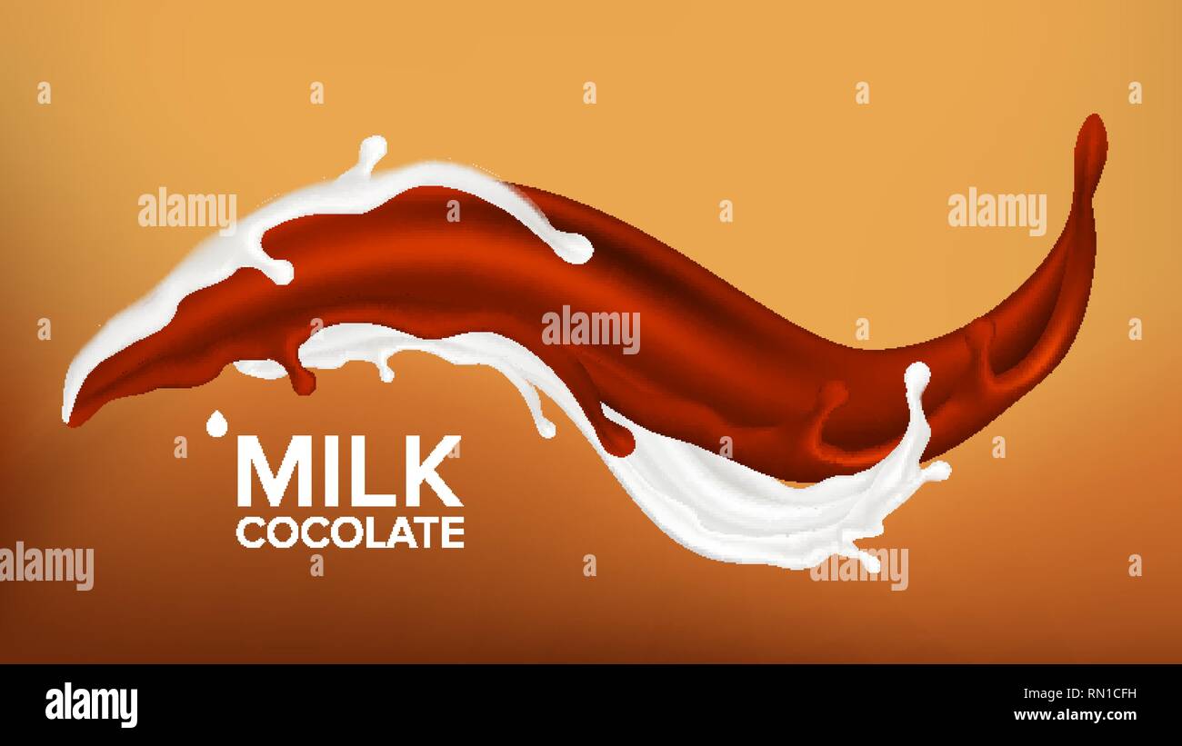 Milk Chocolate Splash Vector. Milky Food Swirl, Drop. White, Brown Milkshake. Drink Dessert. 3D Realistic Illustration Stock Vector