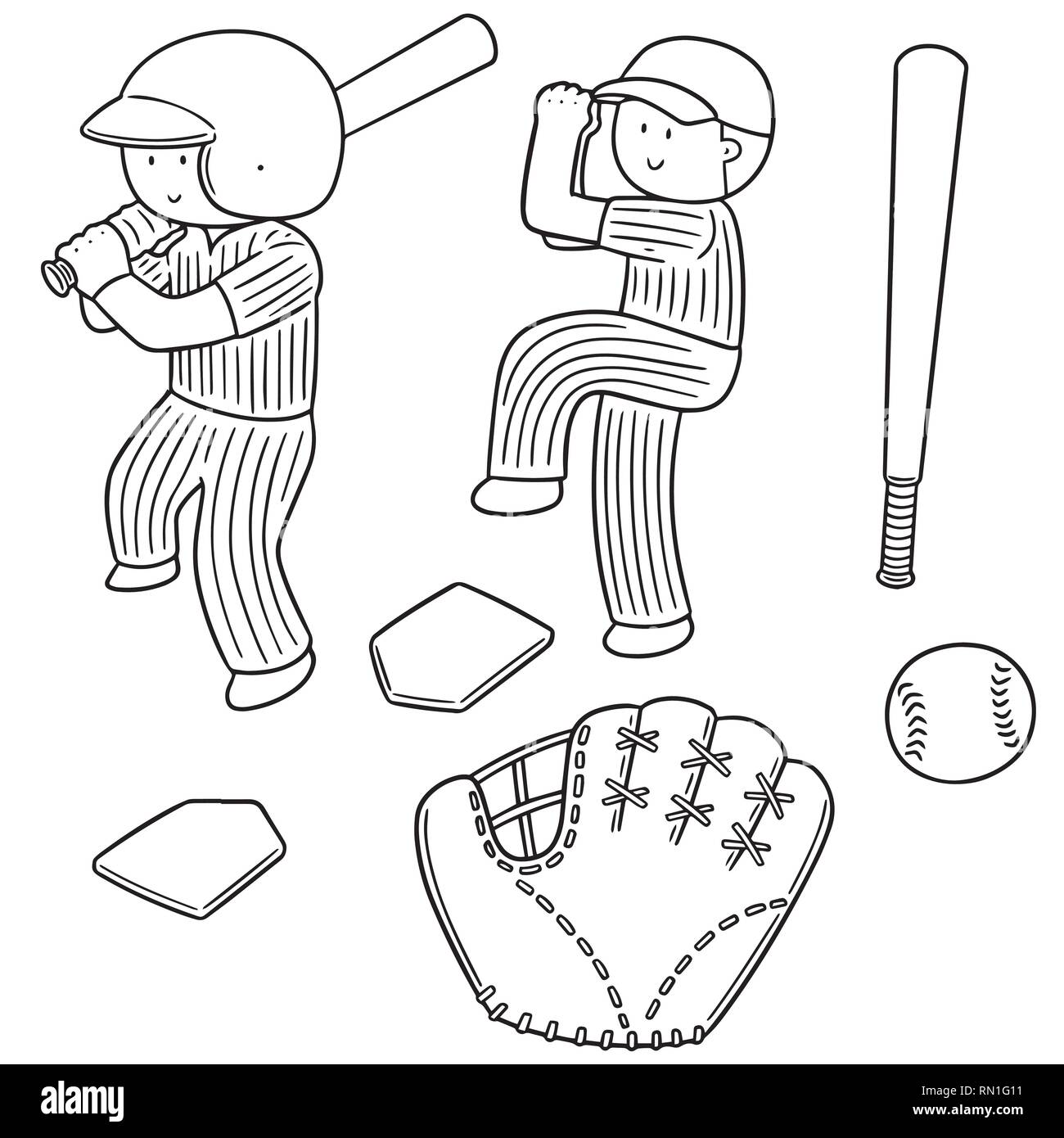 vector set of baseball player and baseball equipment Stock Vector