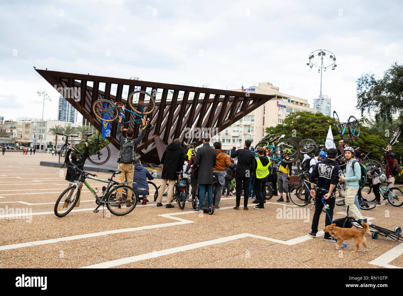 Tel Aviv, Tel Aviv-Yafo, Rabin square, Israel - December 28, 2018:The cyclists join the Critical mass protest Ride at Rabin Square -  monthly organise Stock Photo