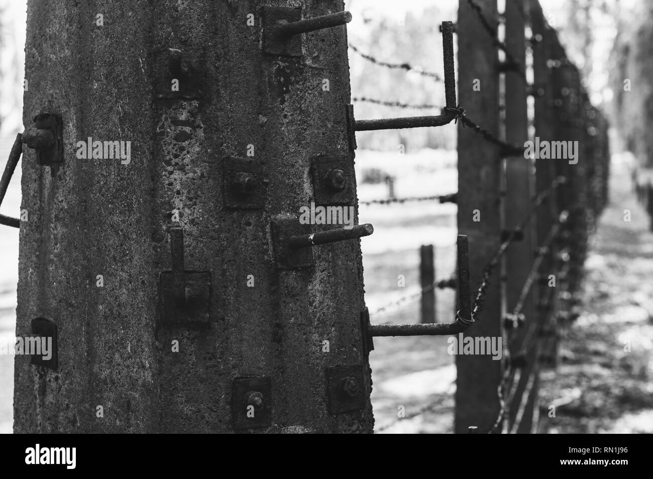 Destroyed barracks inside Auschwitz - Birkenau concentration camp near Krakow, Poland Stock Photo
