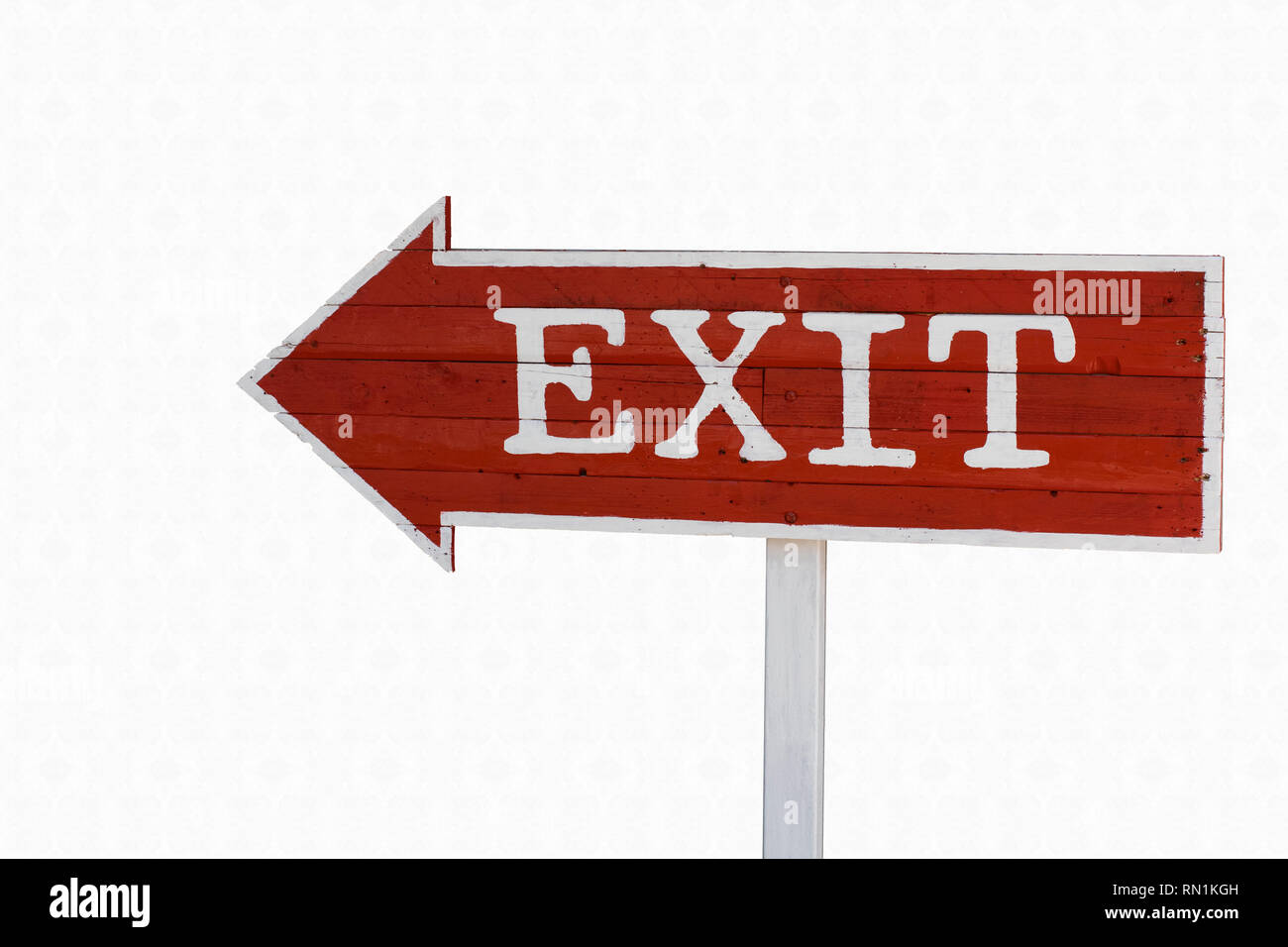Wooden exit signs isolate on white wall with clipping path Stock Photo
