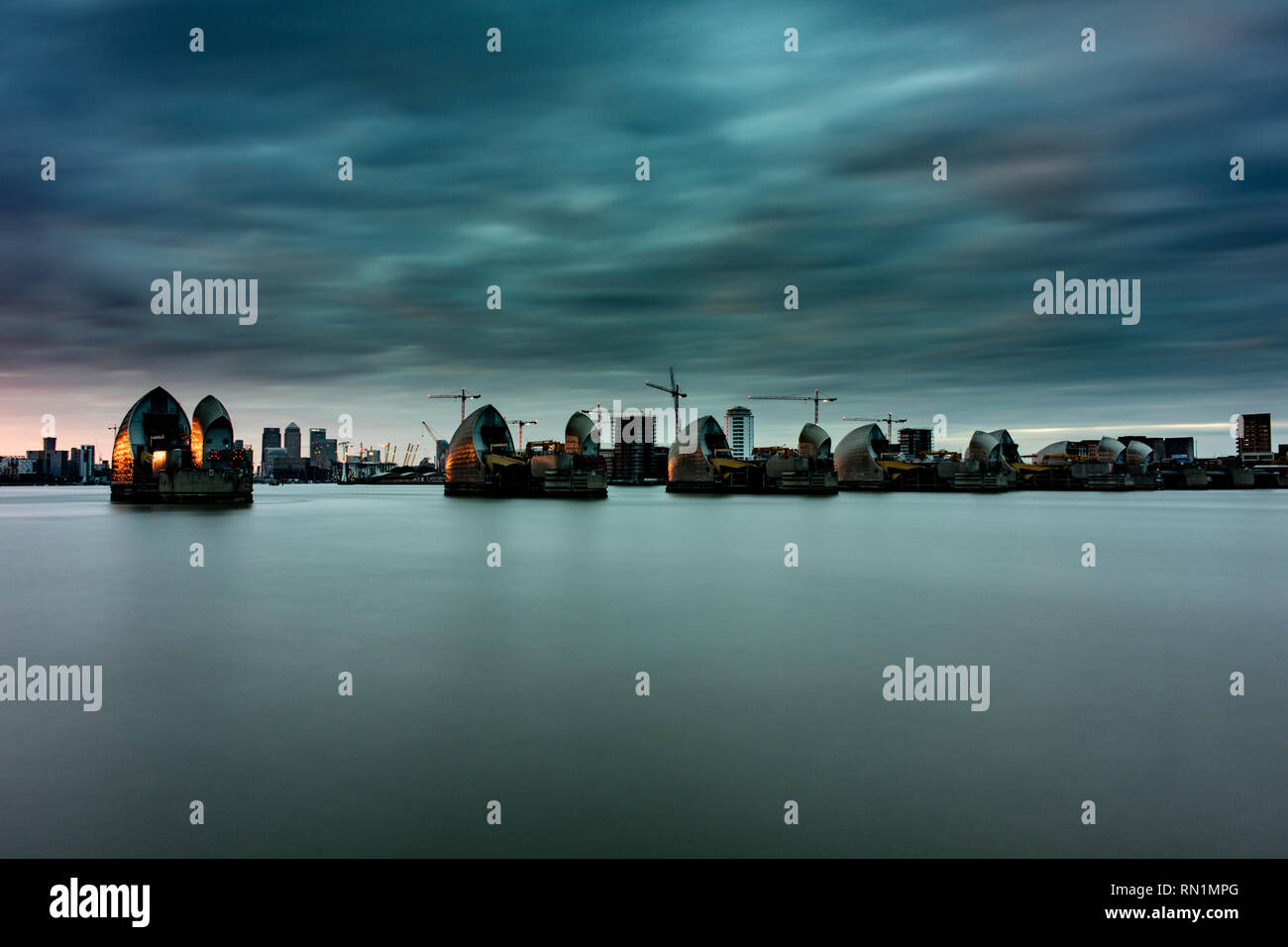 Thames Barrier, London. Long Exposure at sunset - Stock Image