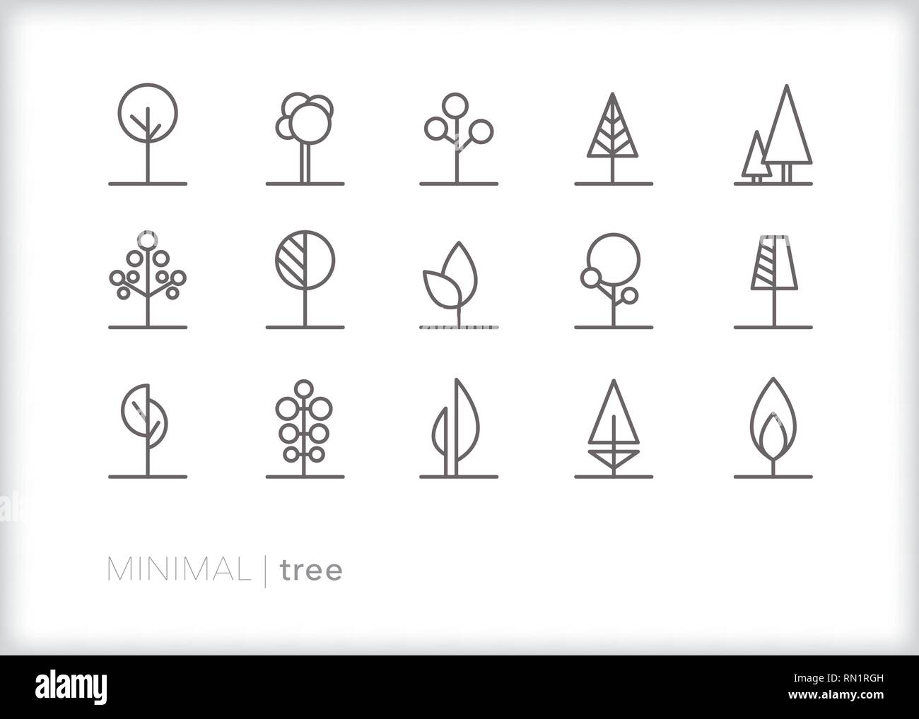 Set of 15 gray tree line icons showing abstract plants in nature Stock Vector