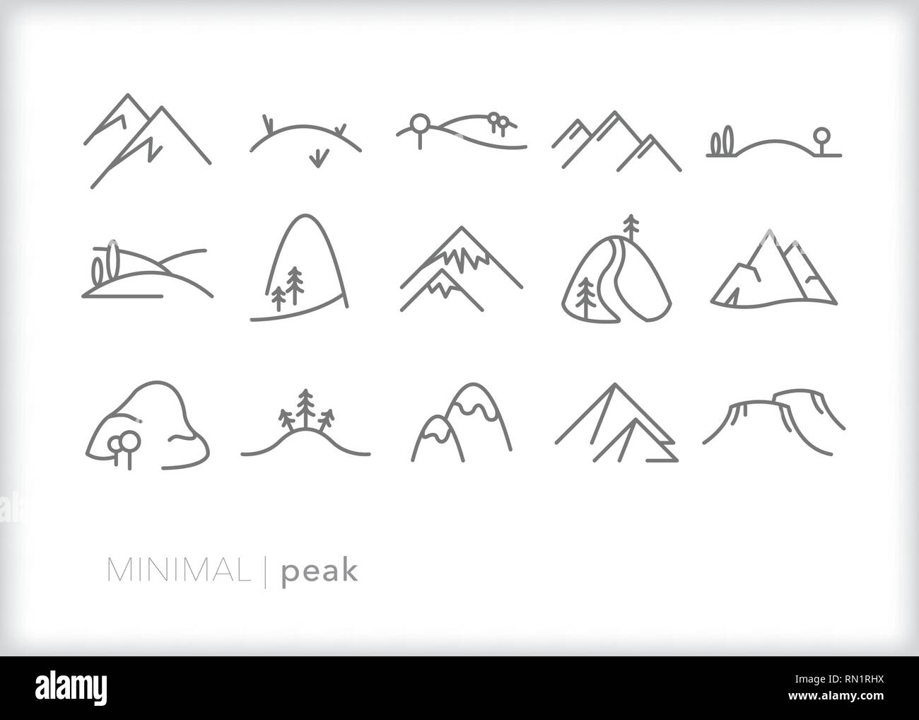 Set of 15 gray mountain peak line icons showing various types of landscapes and vistas including snow-capped mountains, hills, pyramids and rocks Stock Vector