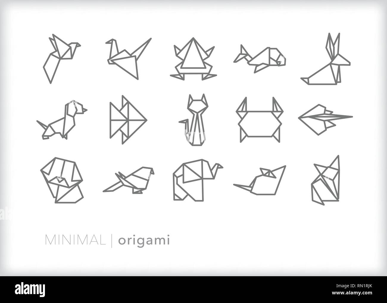 Set of 15 gray animal origami icons showing various mammals, birds and creatures as folded paper art Stock Vector