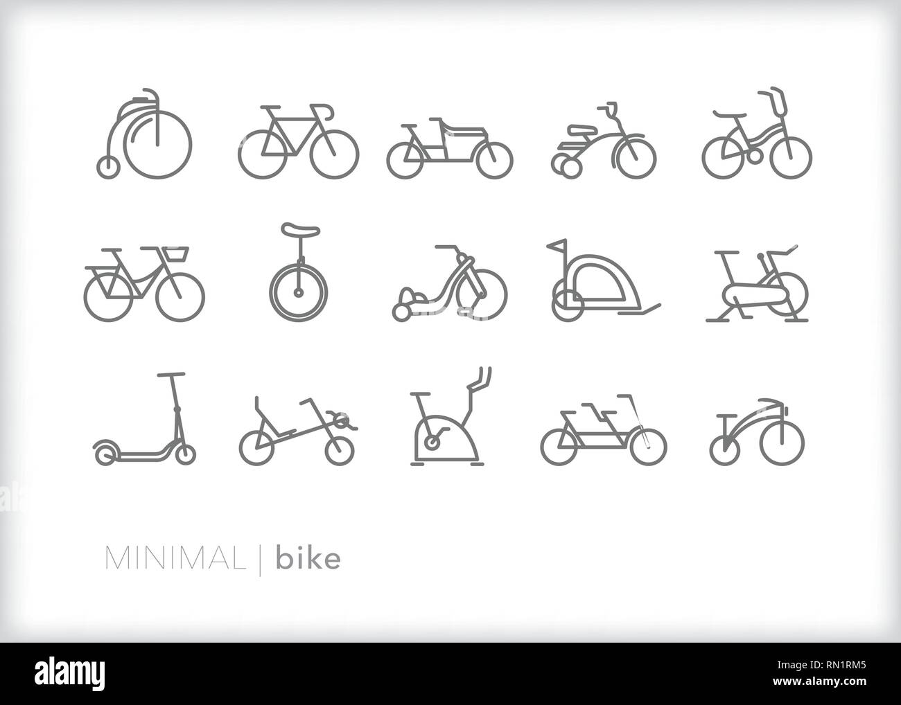 Set of 15 bike line icons showing various types of bicycles including old fashioned, cruiser, exercise, tandem, recumbent, tricycle, and unicycle Stock Vector