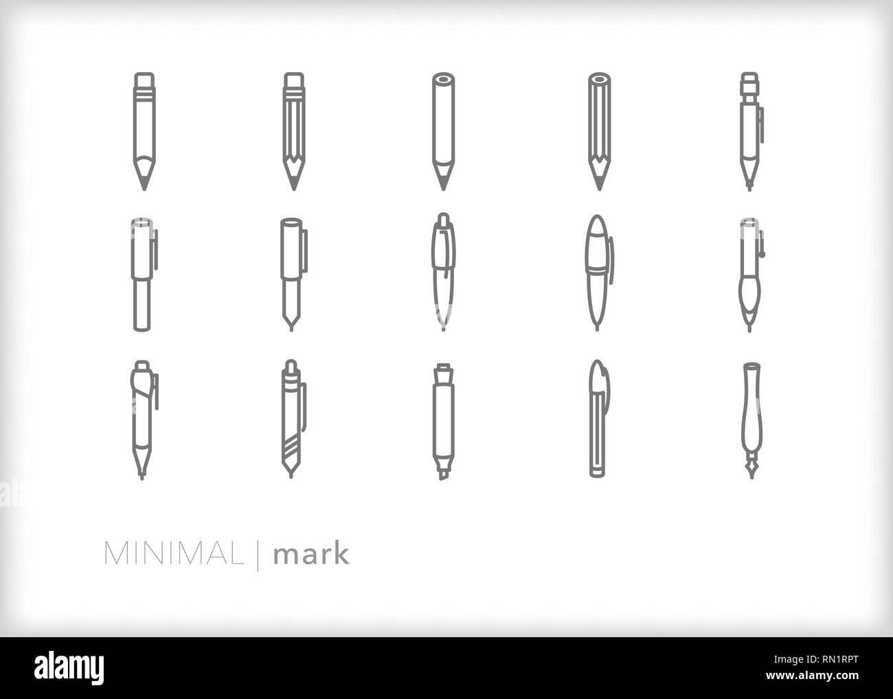 Set of 15 gray pen, pencil and highlighter line icons for students, teachers, writing, studying and journaling Stock Vector