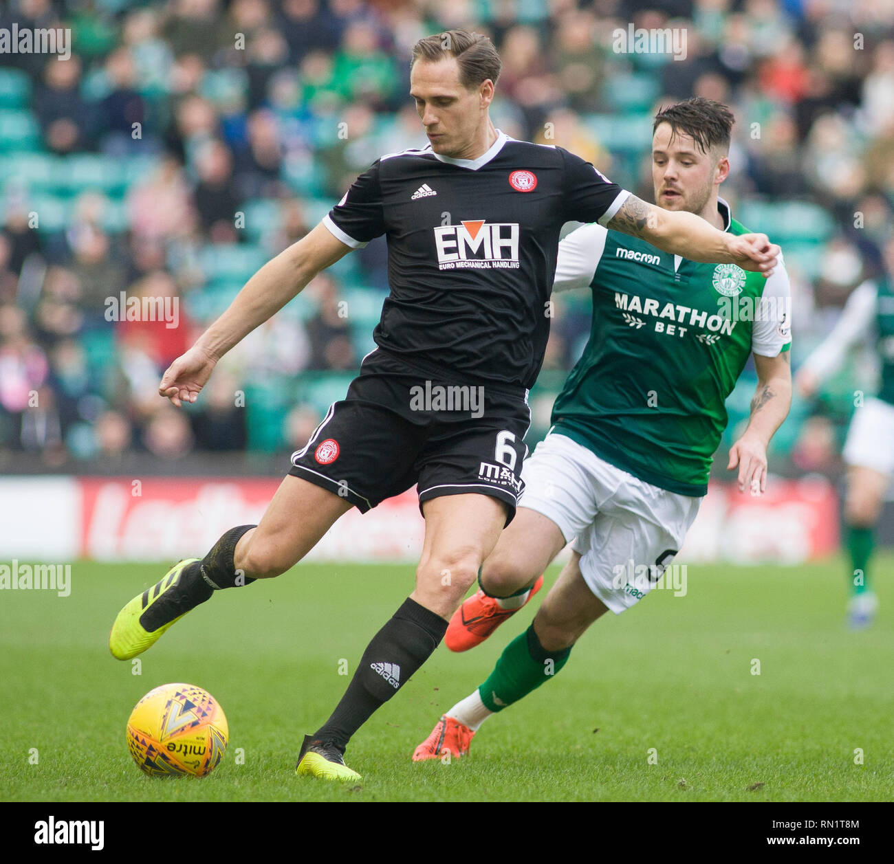 Easter Road, Edinburgh, UK. 16th February 2019. Football. Ladbrokes Premiership league fixture between Hibernian and Hamilton; Matthew Kilgallon of Hamilton Credit: Scottish Borders Media/Alamy Live News  Editorial use only, license required for commercial use. No use in betting, games or a single club/league/player publications.’ Stock Photo