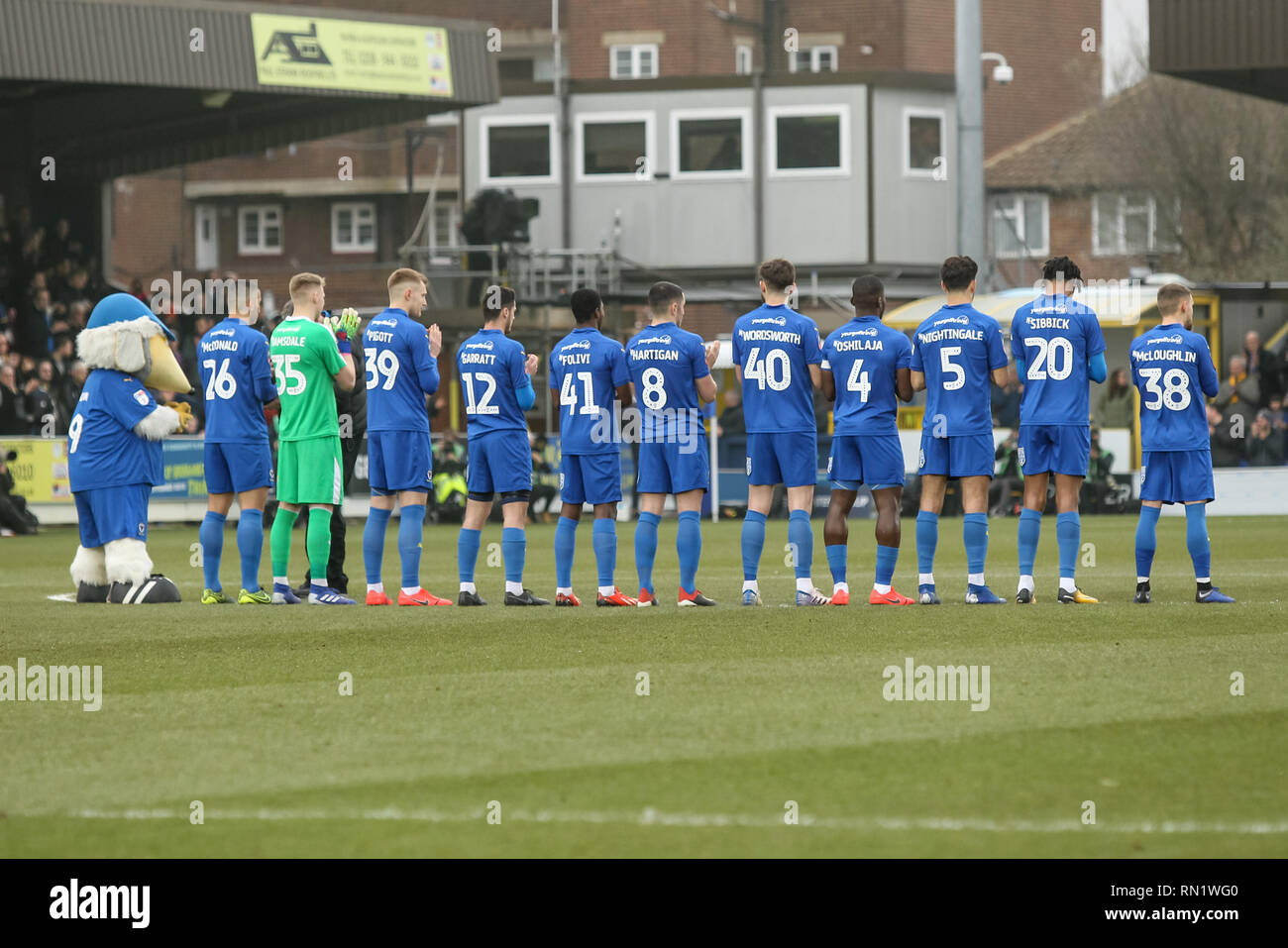 Kingston, UK. 16th February 2019. AFC Wimbledon observe a minutes applause for England legend Gordon Banks during the The FA Cup 5th round match between AFC Wimbledon and Millwall at the Cherry Red Records Stadium, Kingston, England on 16 February 2019. Photo by Ken Sparks.  Editorial use only, license required for commercial use. No use in betting, games or a single club/league/player publications. Credit: UK Sports Pics Ltd/Alamy Live News Stock Photo