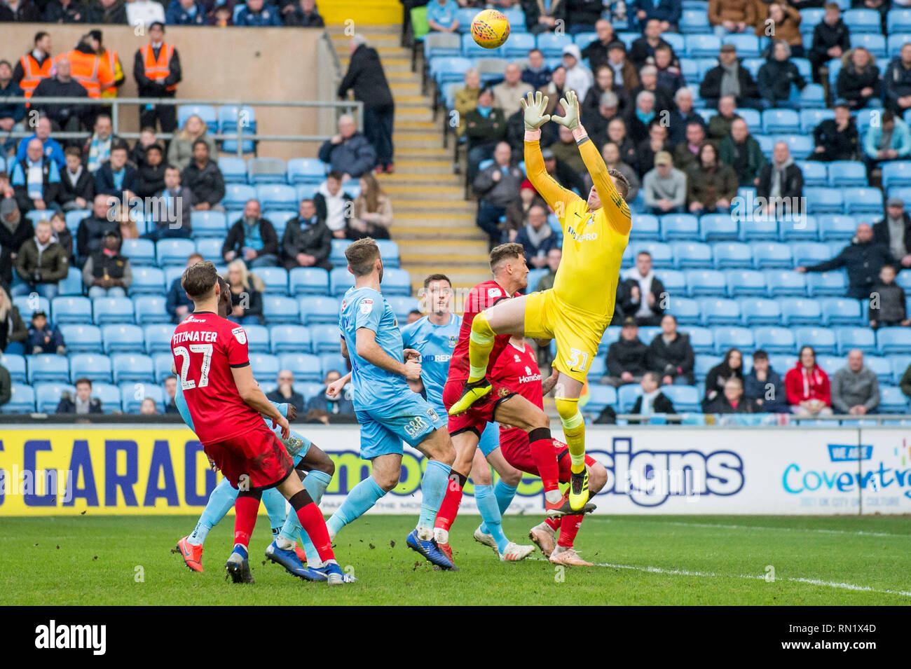 Ricoh arena, Coventry, UK. 16th Feb, 2019. David Stockdale of Coventry City claims a cross during the EFL Sky Bet League 1 match between Coventry City and Walsall at the Ricoh Arena, Coventry, England on 16 February 2019. Photo by Matthew Buchan.  Editorial use only, license required for commercial use. No use in betting, games or a single club/league/player publications. Stock Photo
