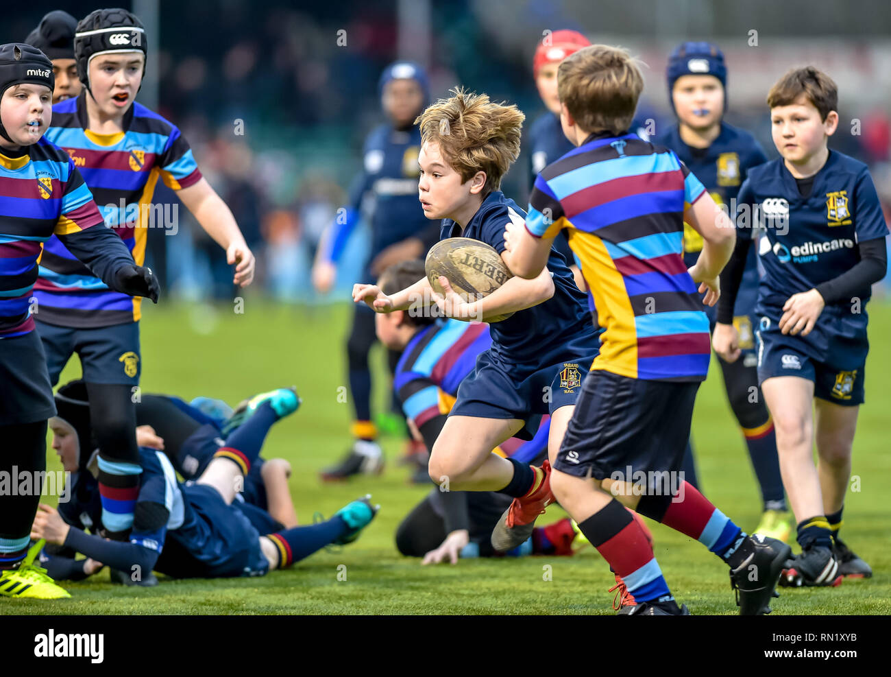 London, UK. 16th Feb 2019. Half time junior rugby takes to the field during the Aviva Premiership match between Saracens and Leicester Tigers at the Allianz Park, London, England on 16 February 2019. Photo by Phil Hutchinson. Editorial use only, license required for commercial use. No use in betting, games or a single club/league/player publications. Credit: UK Sports Pics Ltd/Alamy Live News Stock Photo