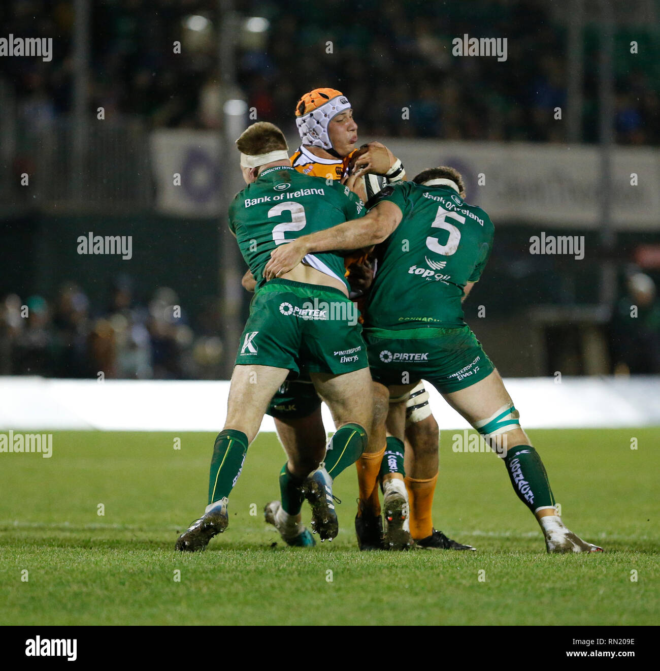 Galway Sportsground, Galway, Ireland. 16th Feb, 2019. Guinness Pro14 rugby,  Connacht versus Cheetahs; Tom McCartney and James Cannon (Connacht) combine  to stop JP du Preez (Cheetahs) Credit: Action Plus Sports/Alamy Live News
