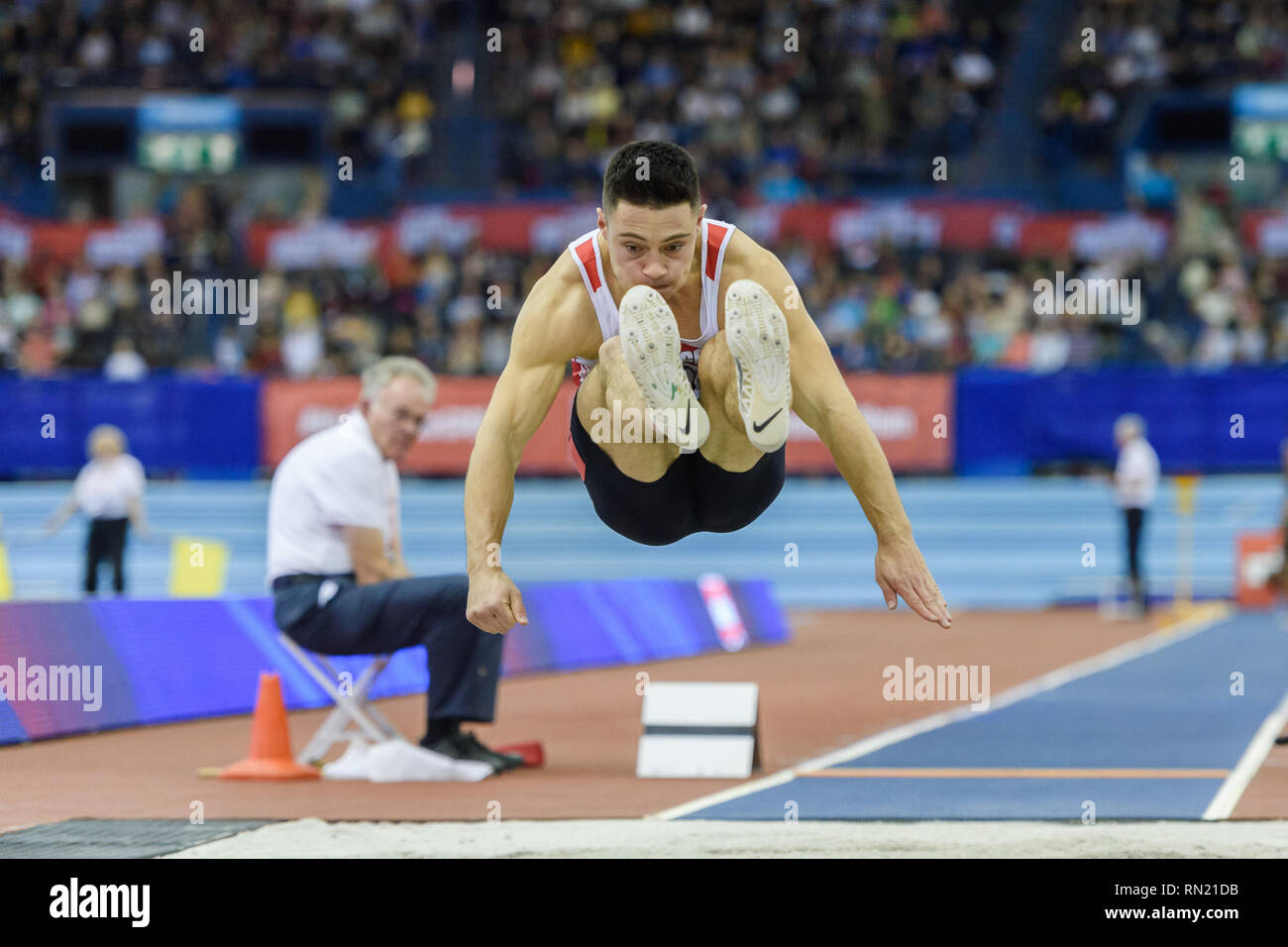 James Lelliott of Great Britain & NI in Men's Long Jump Final during Muller Indoor Grand Prix Birmingham 2019 at Arena Birmingham on Saturday, 16 February 2019. BIRMINGHAM ENGLAND.  (Editorial use only, license required for commercial use. No use in betting, games or a single club/league/player publications.) Credit: Taka G Wu Stock Photo