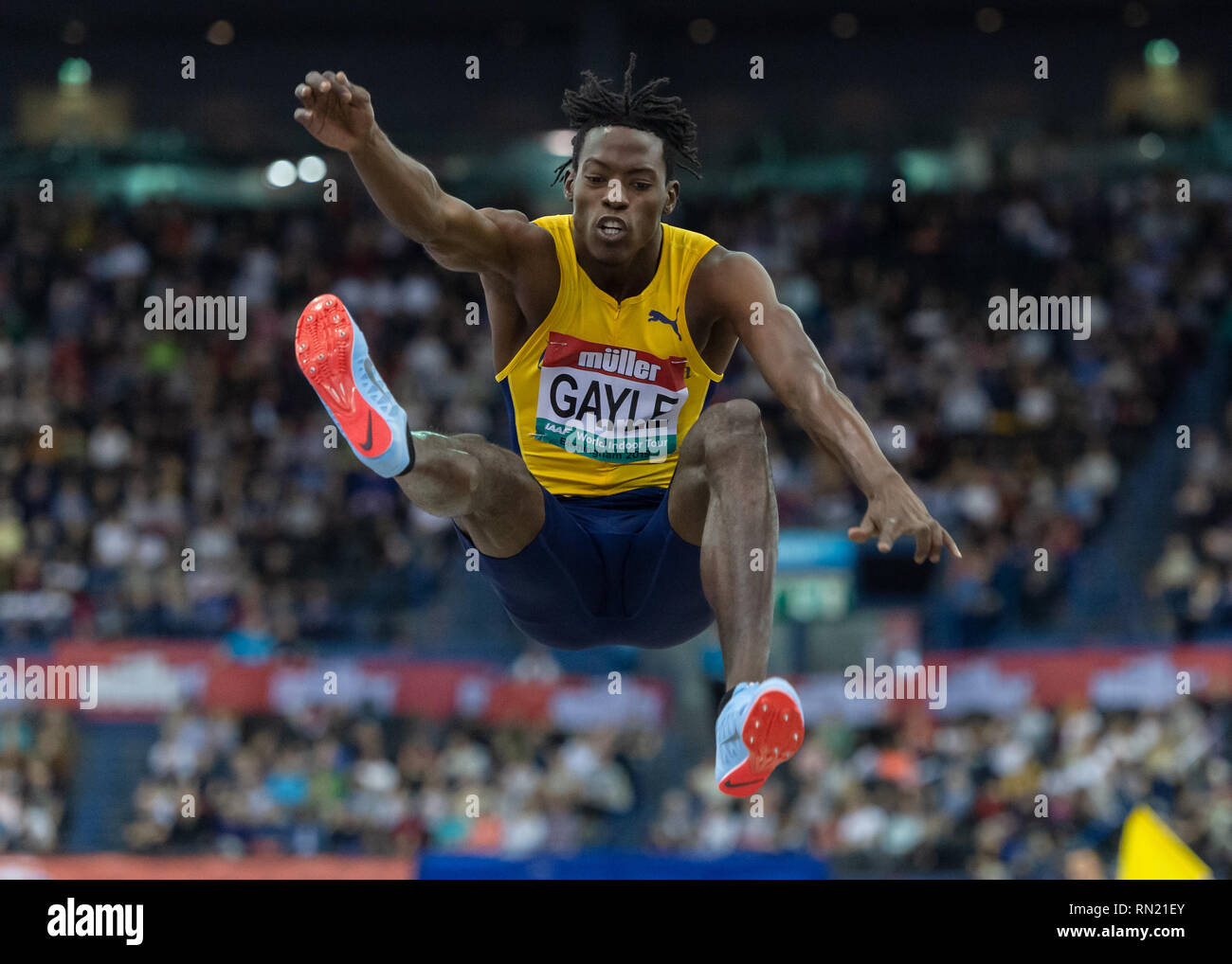 Tajay Gayle of Jamaica in Men's Long Jump Final during Muller Indoor Grand Prix Birmingham 2019 at Arena Birmingham on Saturday, 16 February 2019. BIRMINGHAM ENGLAND.  (Editorial use only, license required for commercial use. No use in betting, games or a single club/league/player publications.) Credit: Taka G Wu Stock Photo